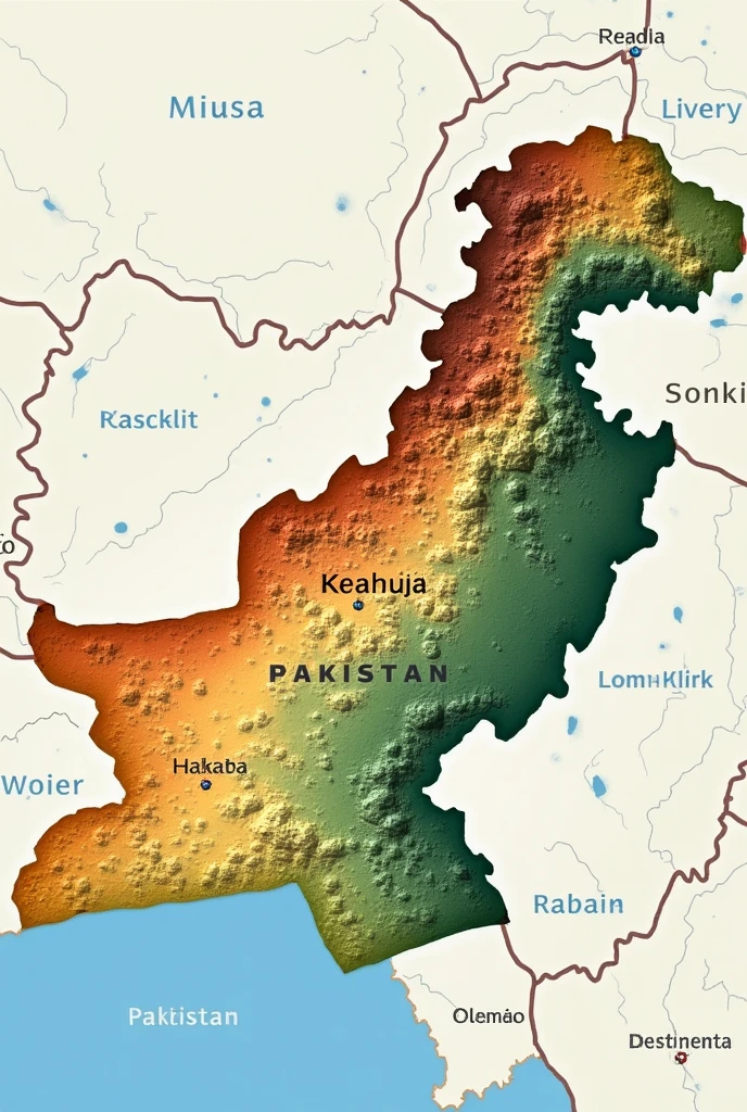 Create a detailed map of Pakistan showing all major rivers, lakes, mountain ranges, provinces, and international borders with neighboring countries, including India, Afghanistan, Iran, and China, with clear labels and colors to distinguish each features