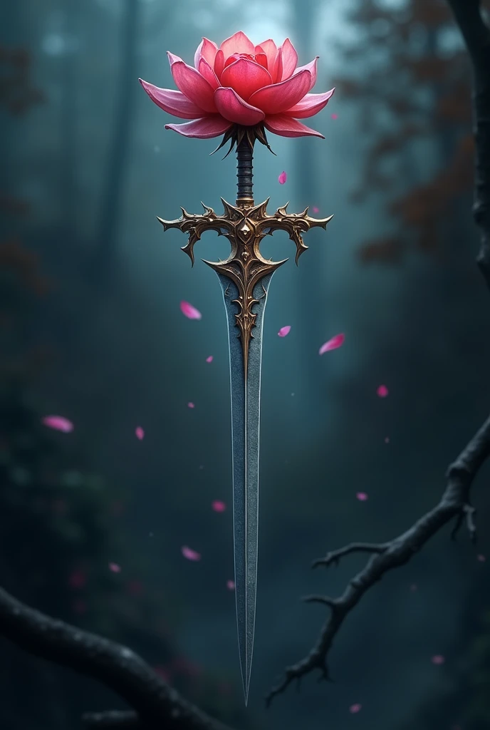 Draw a weapon with a thin sword in the shape of a thorny rose or a magic wand with the tip of which is in the shape of a blooming rose