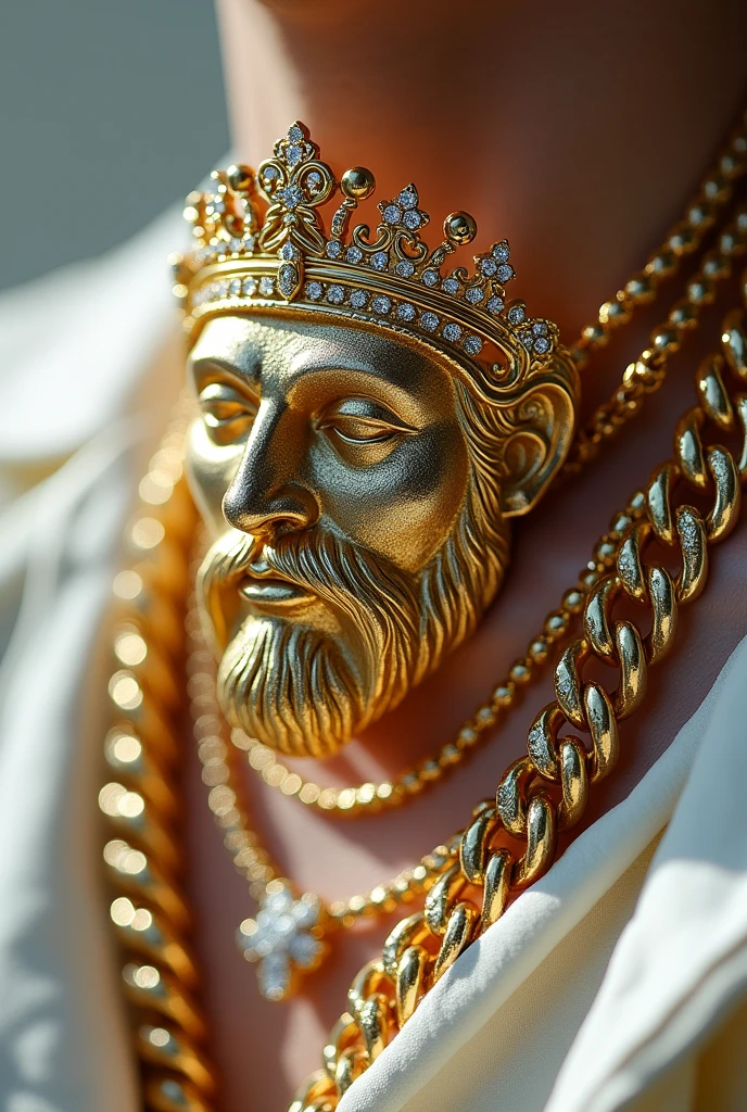 Make a 24k gold chain with King Baldwin face mask with a king crown 👑 made of of gold and platinum with a Cuban gold chain mix with platinum and silver and cover in flawless diamonds realistic chain jewelry