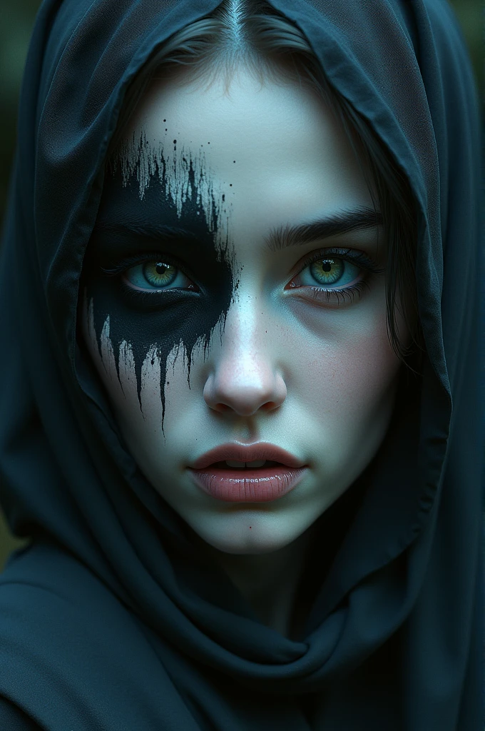 Face of a woman half angelic and half demonic
