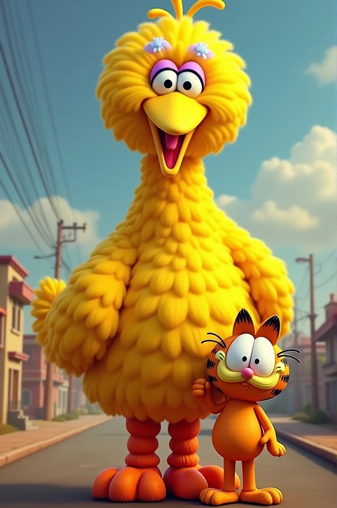 Big Bird e Garfield fugindo de zombies, Garfield was holding a bowl of lasagna.