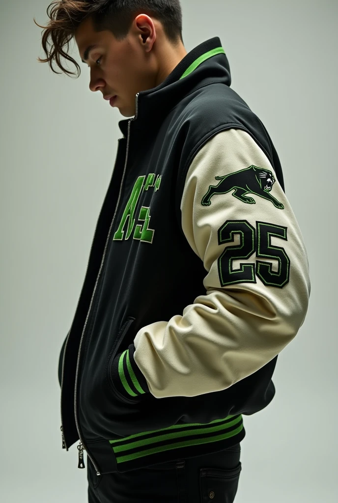 Varsity jacket with black colors and very small touches of green for a school with the number 25 on the left arm and with a small panther somewhere on the sleeve, that the sleeves are also cream-colored
