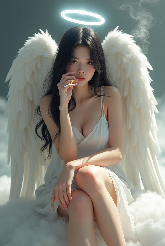 1 girl,Fujifilm、Practical、Long black hair,Large Breasts,Angel,Angel的翅膀,Halo,White tunic,Lazy,slow,Empty eyes,boring,,A sigh,Half closed eyes,Sharp eyes,open eyes,The air is heavy,sit,Right knee raised,Place your right elbow on your right knee,Holding a cigarette in right hand,Cigarette smoke exhaled from her mouth,Heaven,The floor is made of fluffy clouds,