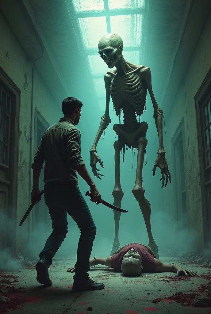 Abandoned hospital, man using a knife attacks zombie in front of him, zombie is dead and falls to the ground, zombie characteristics tall and pale skin and thin