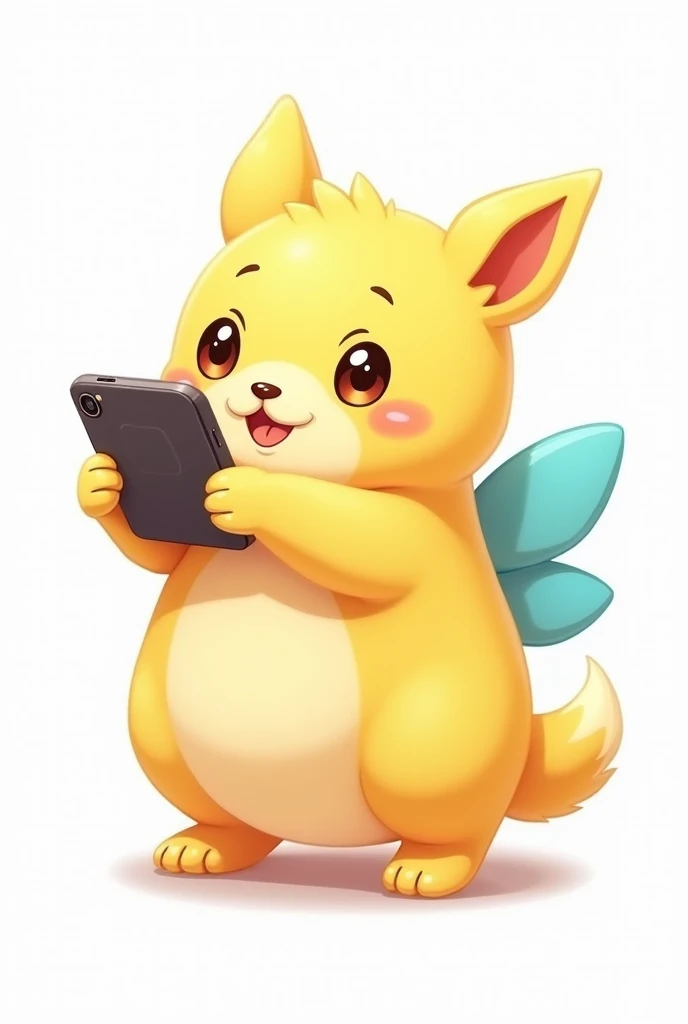 create a picture of a very cute animal it should be yellow and blue and should have wings underneath it it should say aladus he should have a cell phone in his hand and should be playing with it, and the background should be white