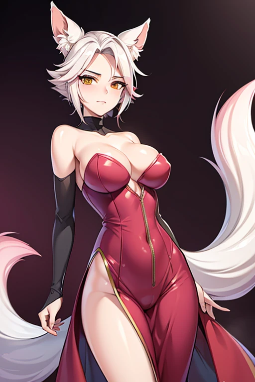 Fox-tailed zorro waifu, milf, gabardina clothing , HD, pelo blanco con rosa, busto, 