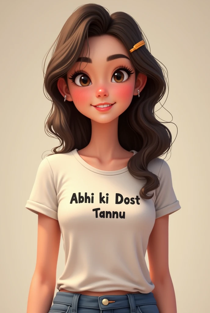 A young cute and charming 18+ girl wearing a t shirt printed ABHI KI dost tannu