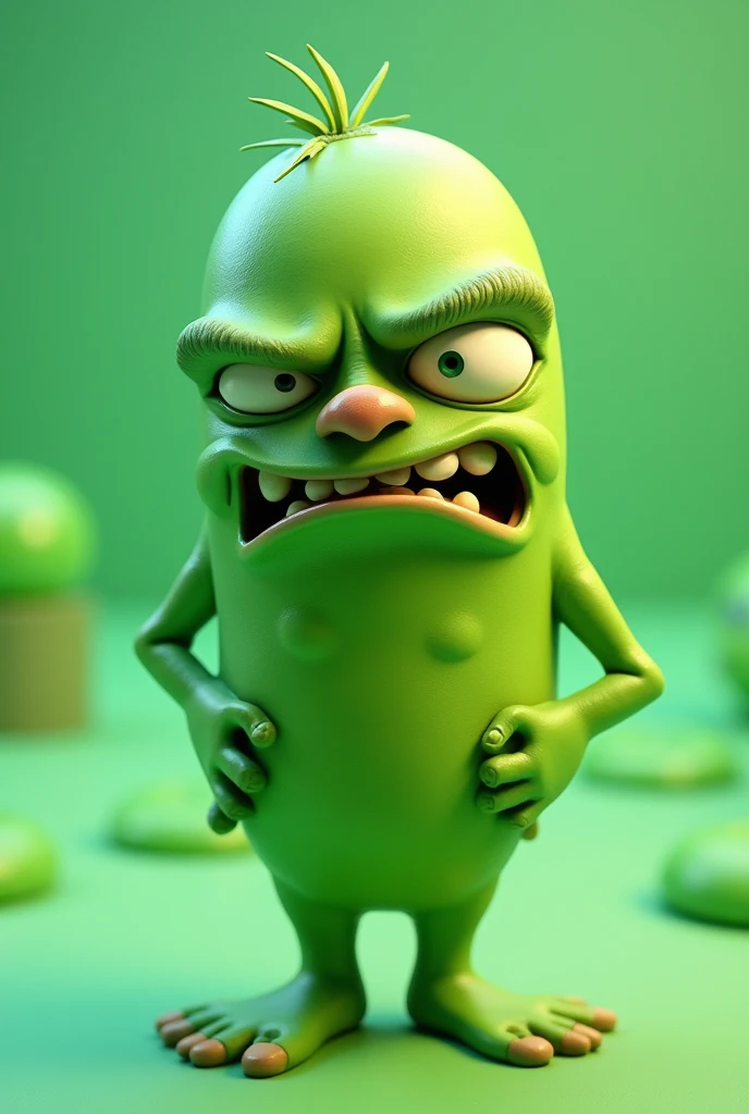 Create a cute animated character that represents the emotion of disgust or annoyance, whose characteristic color is green