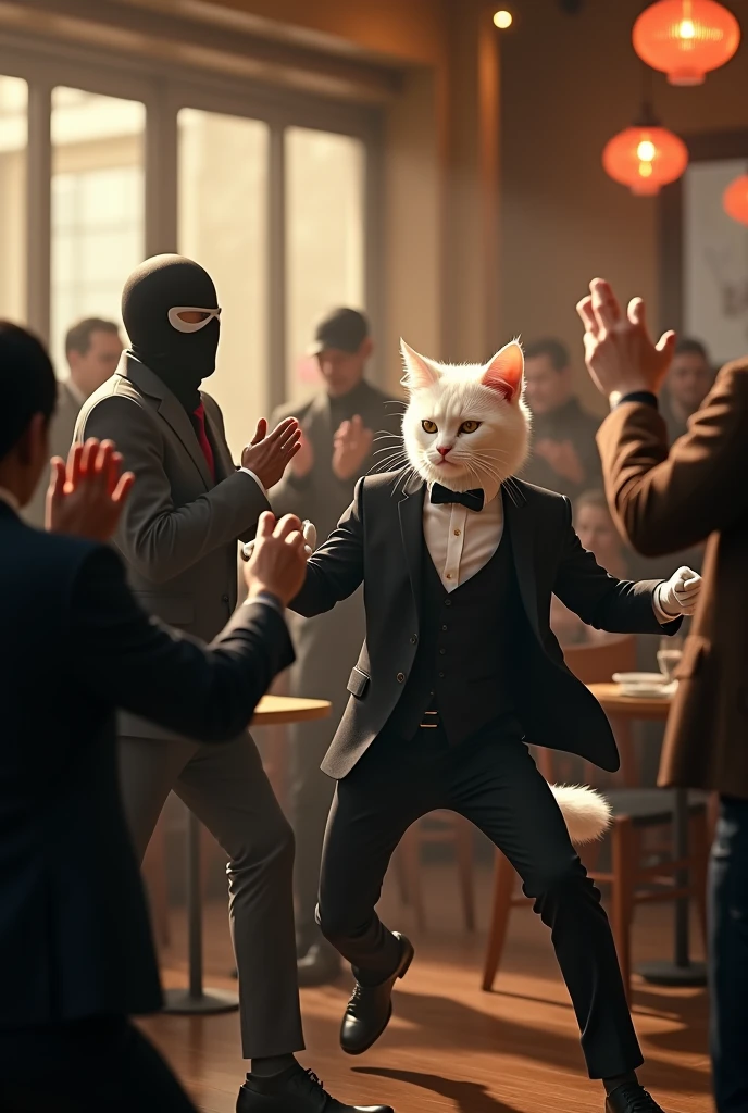 The white cat, in his stylish white shirt and black jacket, uses his strength to take down the thugs. The thugs, wearing black masks, black jackets, and black pants, try to flee, but he easily catches them and takes their guns away. The restaurant erupts in applause, echoing with the sound of clapping.