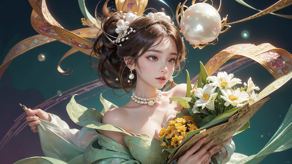 32K, 最高quality, 最高masterpiece, (ultra-Detailed Background, Detailed Background), High resolution, Super detailed, Very detailedな, 1 personの, (bouquet:1.3), (Tangled:1.2), (Geometric:1.2),(colorful),(masterpiece, quality, best quality, Official Art, Beautiful and beautiful:1.2), (1 person:1.3), Very detailed,(colorful:1.1)(Flowers:1.3),Most detailed,(Tangled:1.2), whole body, (Abstract background:1.3), (Skin glows), (Many colors:1.4), ,(Earrings Pearl:1.5), Light green background, It's imaginative., Brunette Hair, Updo, Holding a book, Holding a pen, Satin shirt