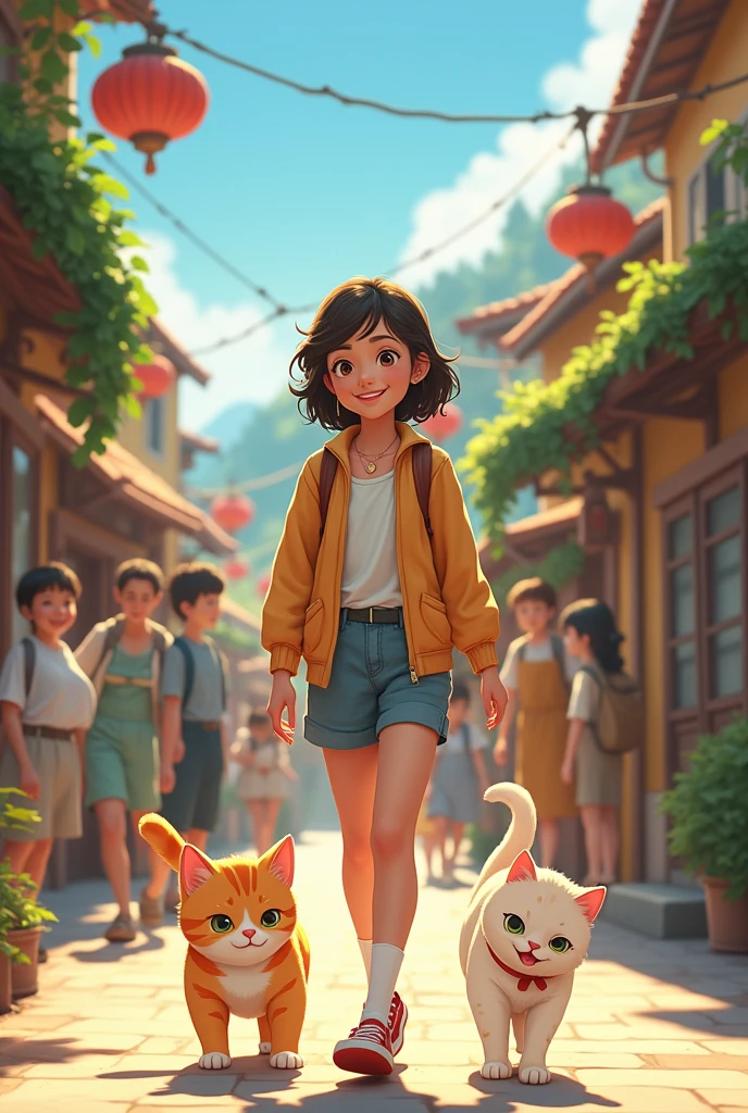 Villagers smile as they watch Amina and cat walking through the village. The bond between them is clear, filled with love and friendship."
In anime
