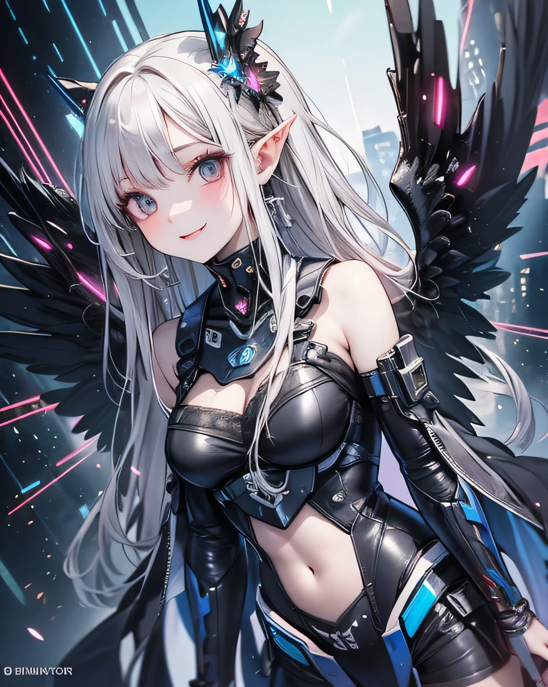 ((best quality)), ((masterpiece)),((ultra-detailed)), (illustration), (detailed light), (an extremely delicate and beautiful),
((solo)),((cowboy shot)),
(((a beautiful girl))),((small_breasts)),((looking at viewer)),
((Mechanical wings,huge_wings)),(mechanical prosthesis),(Glowing line tattoos,Glowing line tattoos on arms,Glowing line tattoos on legs),
(skirt),
(beautiful blue eyes),white hair
(beautiful sky),city,
((sitting))