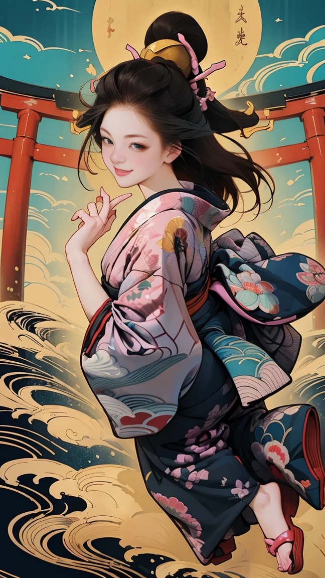 (Sea Art、I create amazing digital illustrations of beautiful women in kimonos)、Beautiful woman smiling showing her upper white teeth、Colorful Ukiyo-e style illustrations、Brown-black long hair、Beautiful full body style、If you want to dance, Dancing to Tokyo Ondo, Good good、Beautiful new digital paintings,、 Bright and vibrant digital anime art、Beautiful anime portraits、The background is the torii gate of a Japanese shrine...、Detailed digital anime art、