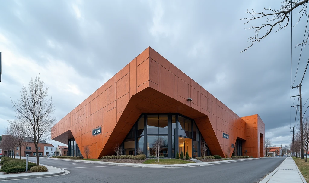 Futuristic design of office building, brick color, in a small town, cloudy weather, super realistic photo, high resolution