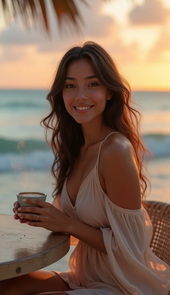 (photorealism:1.2), Create an image of an alone confident 2 Filipina woman with an hourglass body shape, slightly curvy, standing at 5'4". She has fair skin, long and thick hair, and a small heart-shaped face with subtle cheekbones and a rounded chin. Her nose is delicate, pointy, and . She is alone on a beach at dawn, wearing a flowing, light-colored slutty morning dress that gently drapes over her figure. She is sitting at a small table on the beach, holding a steaming cup of hot coffee in her hands. The camera is positioned at a slightly elevated angle to capture her looking directly at the camera with a happy, smiling expression. The soft light of dawn gently illuminates the scene, casting a warm, peaceful glow over the beach. Her expression is joyful and relaxed as she enjoys the serene moment. The background features the early morning waves and the sky transitioning from night to day, adding a tranquil and calming ambiance to the atmosphere.