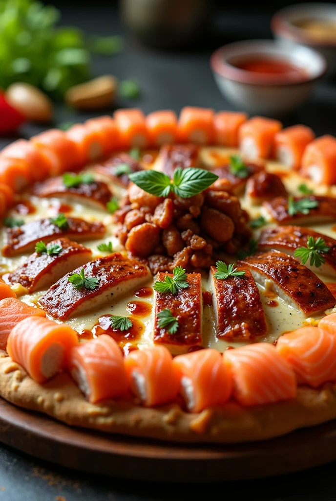 A pizza with lots of mozzarella, on the edge of it there is a lot of salmon sushi going all around the pizza and in the middle of the pizza there is barbecue meat and barbecue chicken too