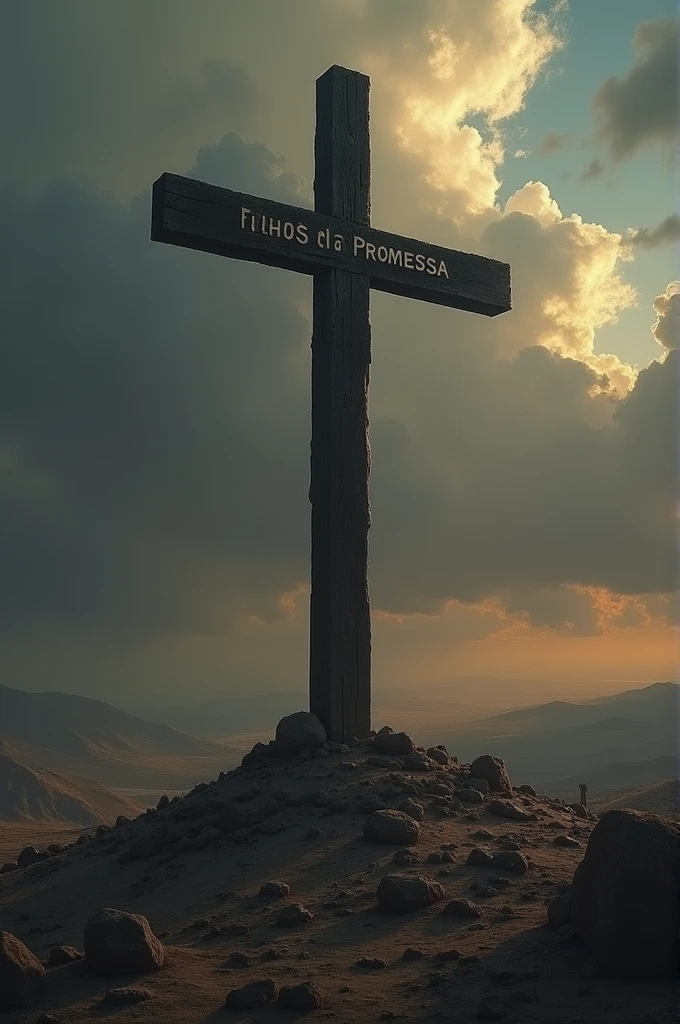 Create a cross on Golgotha with the phrase children of the promise in Portuguese, a shadow of the cross