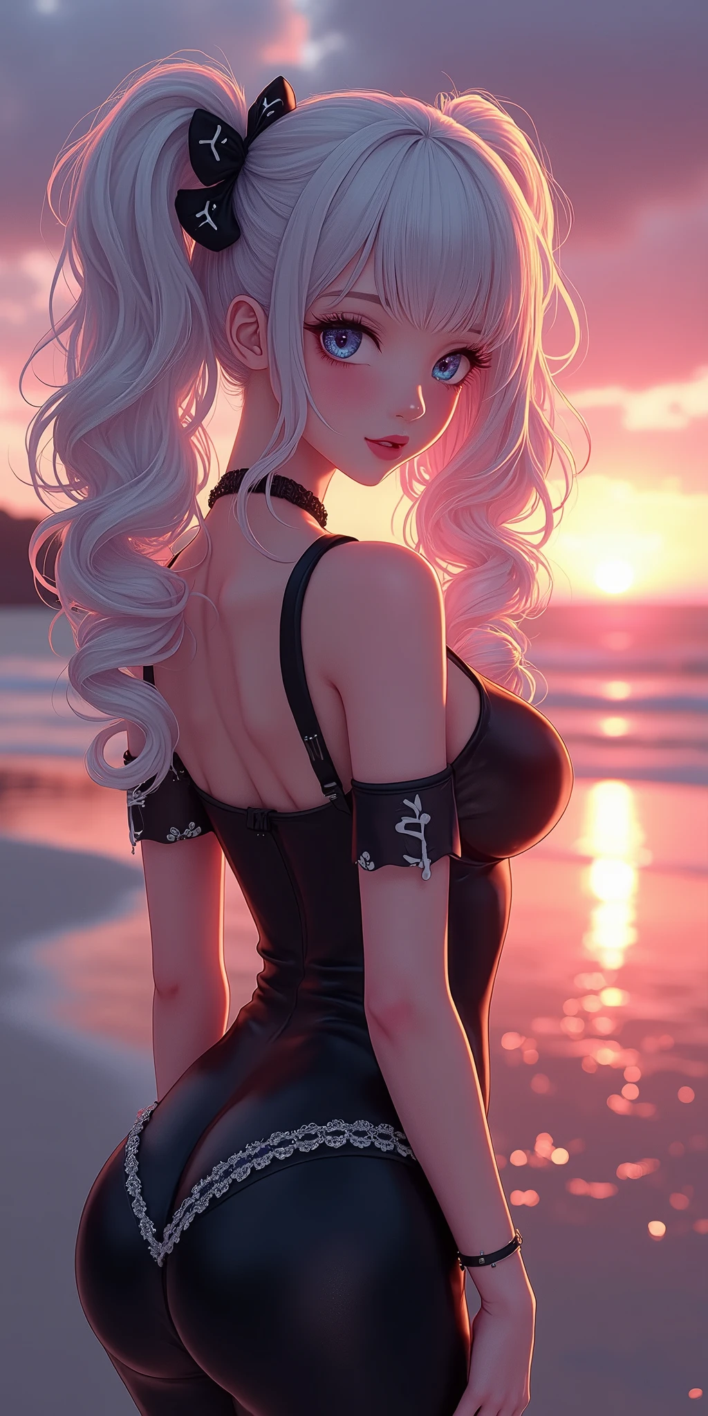 (best quality, ultra-detailed, photorealistic: 1.39), bright and vibrant colors, studio lighting, romantic expression, An effeminate girl, with a delicate and beautiful face. She is a girl who reflects seductive beauty, sparkling eyes, A Beautiful and adult woman and voluminous curly white hair, voluminous and long pigtails, hair clip, crying a seductive 2 woman with big breasts seduces, matches the makeup, with her large breasts seduces, beautiful strap blouse, black leggings with white details, with her blue eyes, soft smile, black gothic style, in a beautiful pose demonstrating her seduction on the beautiful beach, simply perfect sunset, from behind looking back, butt highlighted, night with soft lighting, anime style, like a manwha character