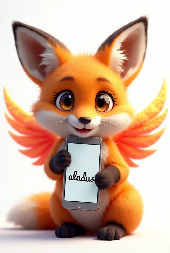 Fox with cute face and colorful angel wings, holding a cell phone with writing "aladus "in hand, com fundo branco
