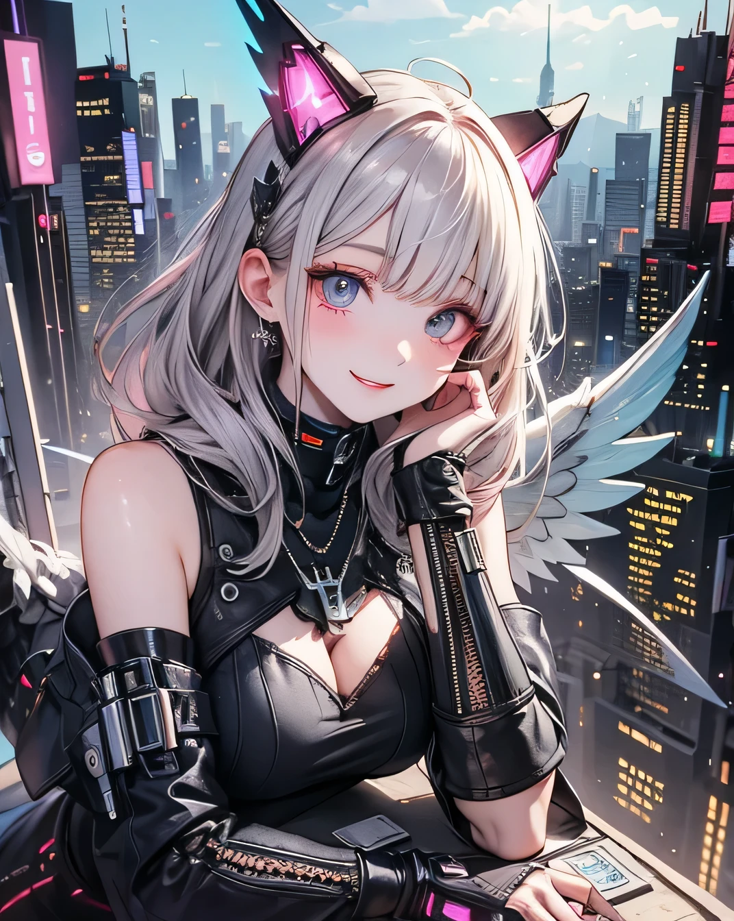 masterpiece,(Highest quality),Very detailed,Very detailed,One person,(メカnicalwing:Moneyen,Glowing Eyes:green,Moneyenrarmor:1.2,Long, thin ears:0.8),(Cyberpunk City:1.5,arms:Energy Blade),(Fantasy Landscape:1.2,Natural light:1.5,Confident expression),(Panorama:1.2), smile,angle,Angels, wing,Money,born,