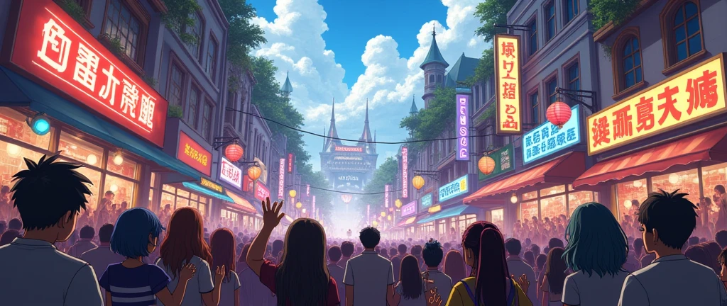 a street full of people cheering , standing at one side, a crowd cheering on a street, anime style , anime background, fantasy style, looking up front