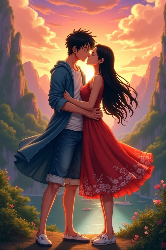 best quality, of romantic couple in amazing and idyllic landscape, romantic atmosphere, featured details; Man monkey d Luffy white T-shirt and denim coat, woman boa Hancock with long black hair, red dress with flowers and white shoes, radiant smile, in the light of the sunset kissing