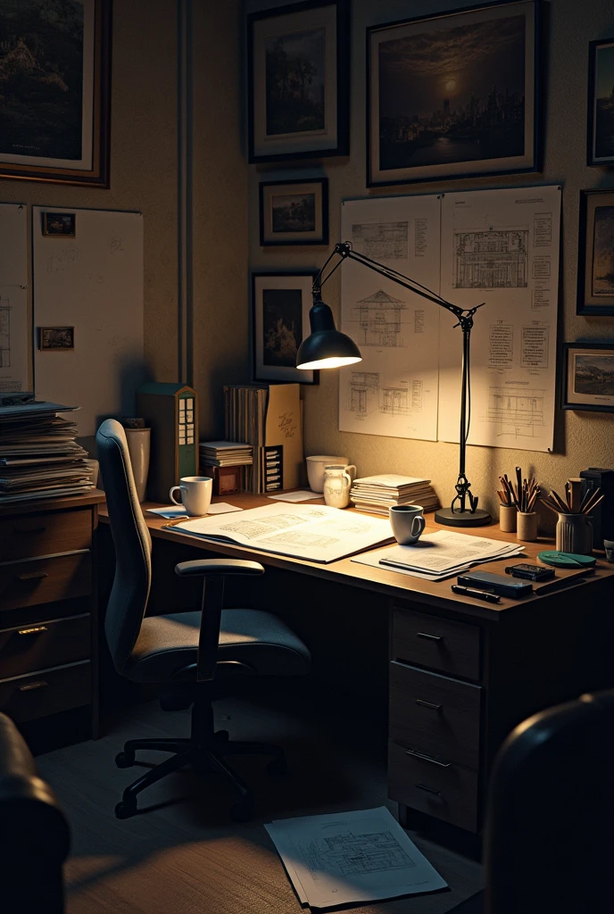 room of a busy architect without the person at night wallpaper