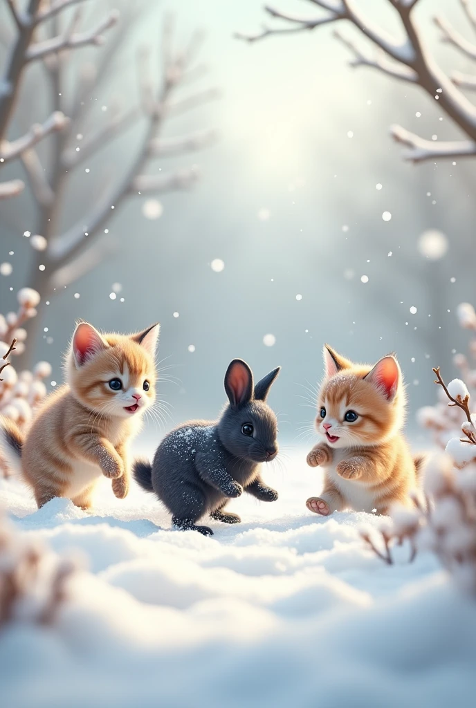 Snow Scene、snowball fight、Beautiful and adorable kittens、Cute black rabbit、Playing happily