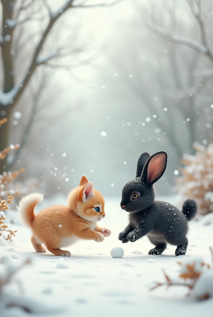 Snow Scene、snowball fight、Beautiful and adorable kittens、Cute black rabbit、Playing happily
