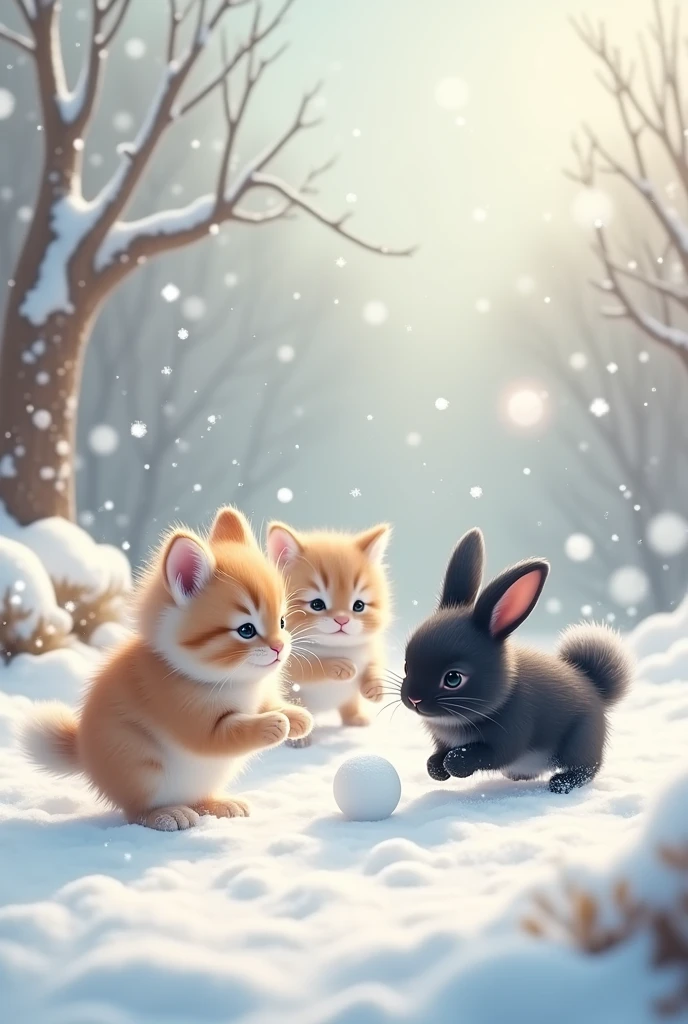 Snow Scene、snowball fight、Beautiful and adorable kittens、Cute black rabbit、Playing happily