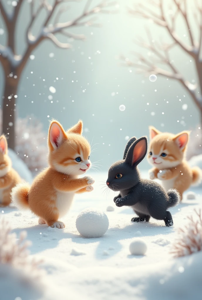 Snow Scene、snowball fight、Beautiful and adorable kittens、Cute black rabbit、Playing happily