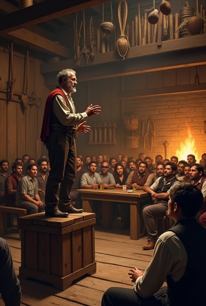 a rural Peruvian farmers tavern in 1810 with a speaker shouting and captivating people by what he expresses