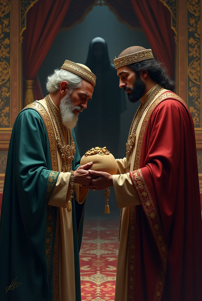 A dramatic depiction of the landowner trying to bribe King Ali, with a shadowy figure in the background, symbolizing corruption.