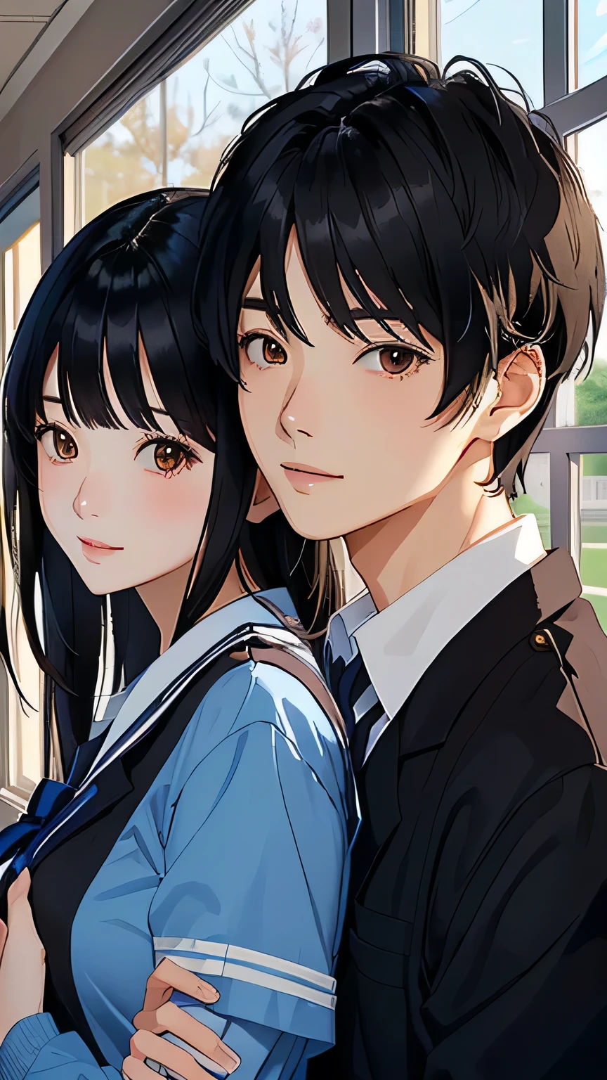 Masterpiece, Best Quality,Anime couple in uniforms taking a photo in front of a window, High school student couple、Black Hair、Brown eyes、Wearing a uniform