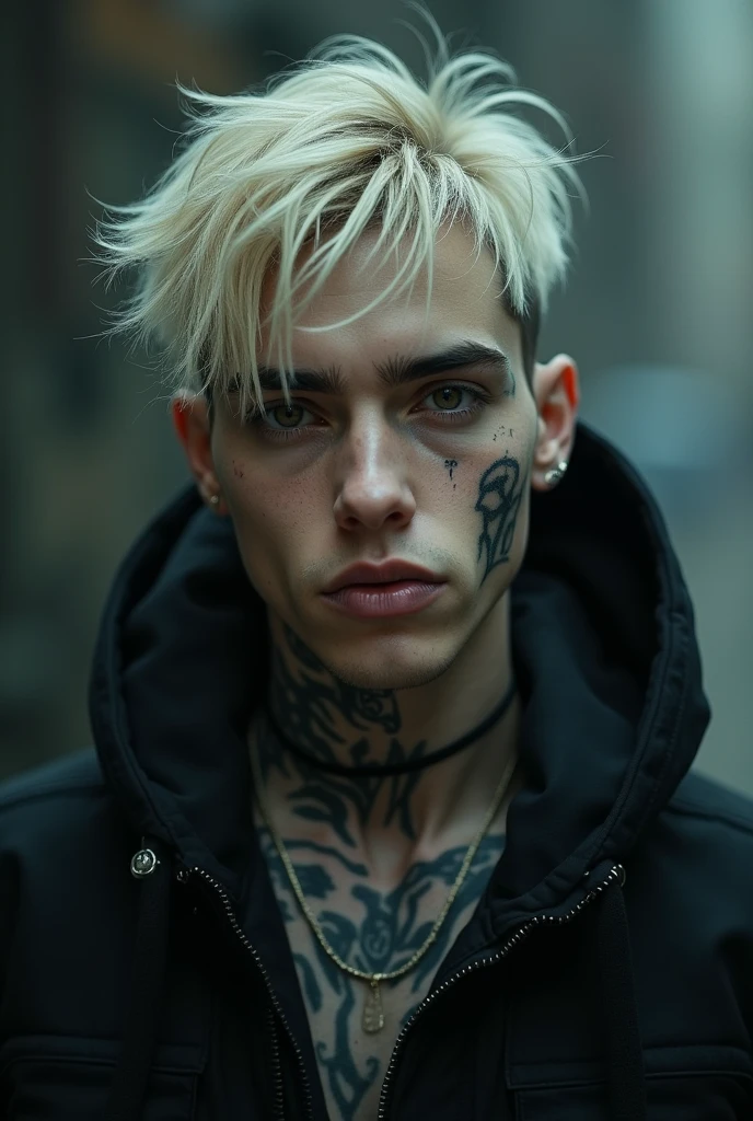 A young man 
Hair: silver mohawk
left eye pupil color: emerald blue
right pupil color: white(blind)
White Skin 
White eyelashes
White eyebrows 
has a scar on his right blind eye 
Has some ear piercings