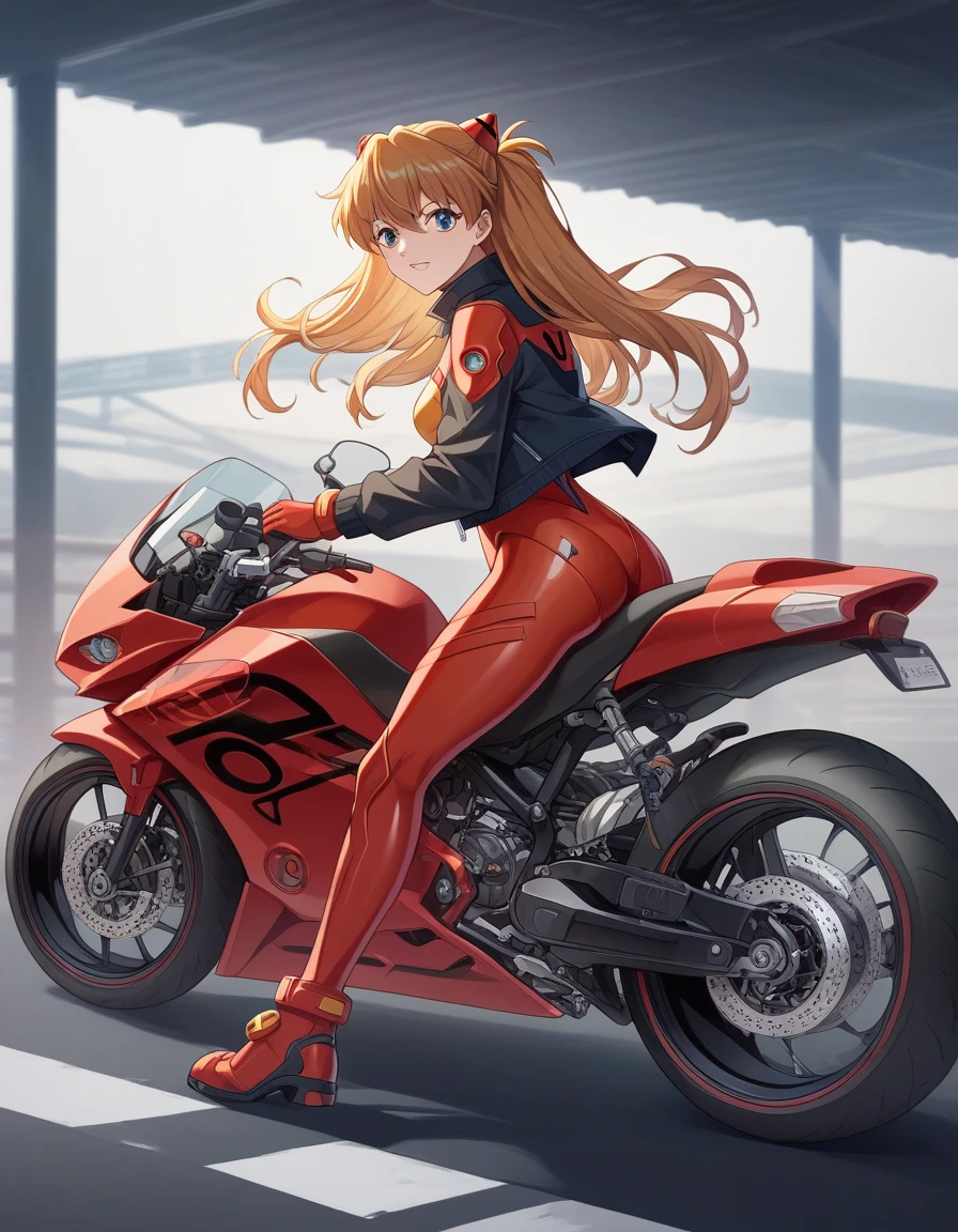 Shikinami Asuka Langley, masterpiece、highest quality、detailed description、Plug Suit、Translucent costume, Jacket, Woman riding a bigmotorbike（rider、Gold and red two-tone hairstyle、Detailed Description、Perfect Face、Armed、）、red motorbike（red、bike、two-wheeled vehicle、big、Mechanic Design）