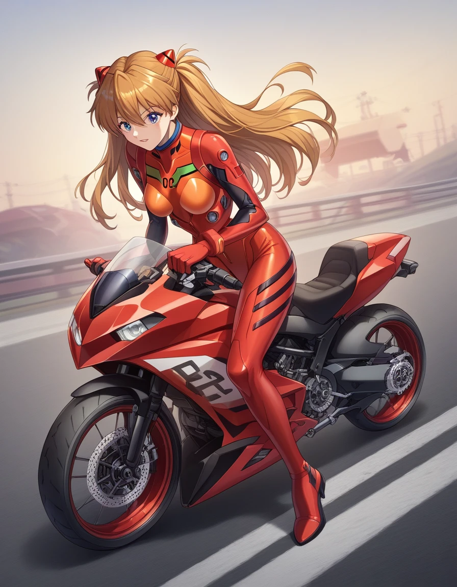 Shikinami Asuka Langley, masterpiece、highest quality、detailed description、Plug Suit、Translucent costume, Jacket, Woman riding a bigmotorbike（rider、Gold and red two-tone hairstyle、Detailed Description、Perfect Face、Armed、）、red motorbike（red、bike、two-wheeled vehicle、big、Mechanic Design）