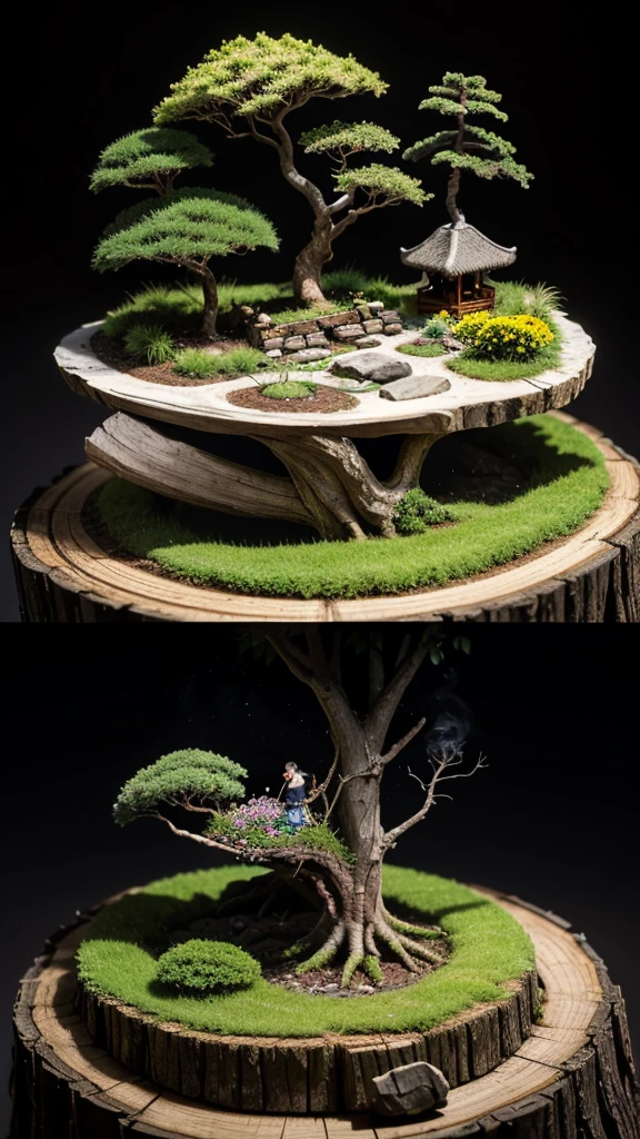 A hyper-realistic isometric illustration of a miniature ecosystem thriving atop a giant tree stump with roots extending to the ground. The scene features a beautiful traditional Thai house as its centerpiece. A small, crystal-clear waterfall creates a humid microclimate. Wisps of smoke rise gently into the air. The ecosystem is rich with bonsai trees, rocks, ferns, colorful orchids, various flowers, and peat moss. Fluffy clouds hover above. All these elements are contained within the expansive surface of the enormous tree stump. The entire composition is set against a pure black background."