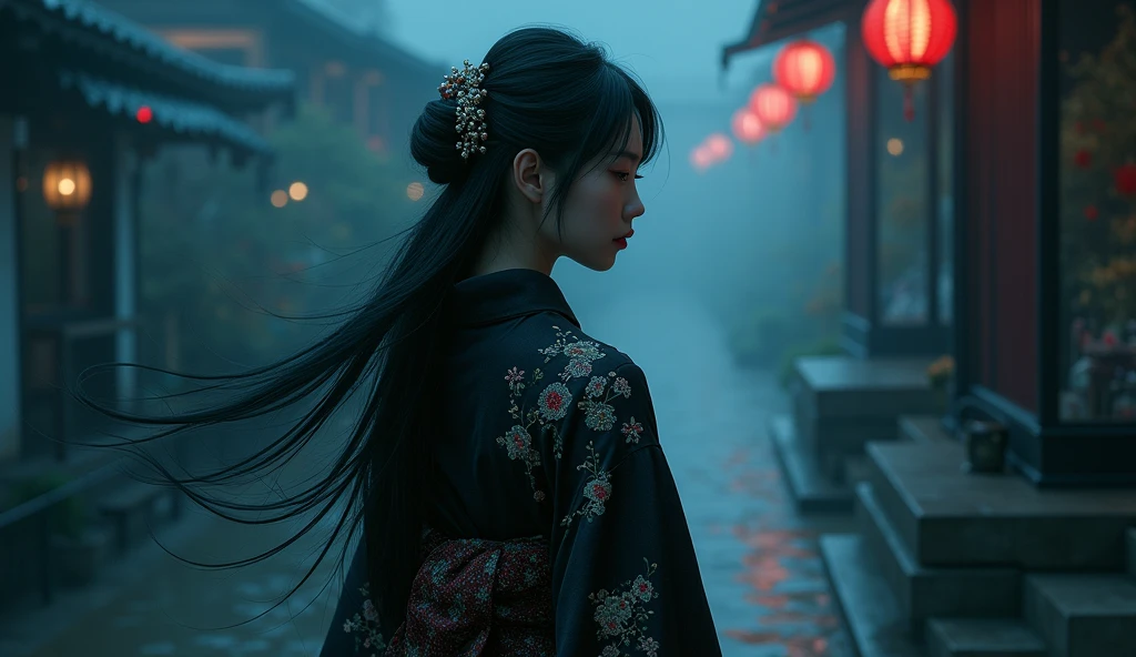 dark techno, cyberpunk,「Realistic image of a Asia Model She is elegant, pale, Perfect and long skin, Flowing black hair that blends with the surrounding shadows. Her kimono is exquisite and meticulous down to the last detail.., dark, Relaxing dark blue and black tones, Exquisitely decorated, Negative patterns that indicate a connection to the supernatural.