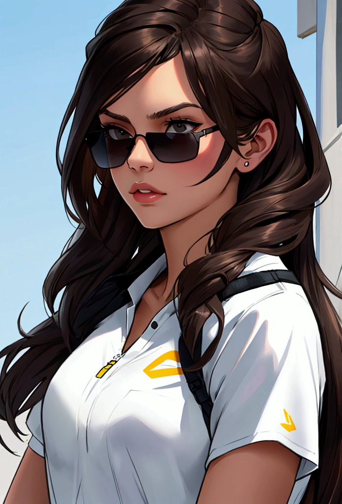 Create profile of young woman with dark brown hair looking straight ahead with chin up, to wear black sunglasses, that you can see your head and your entire hair