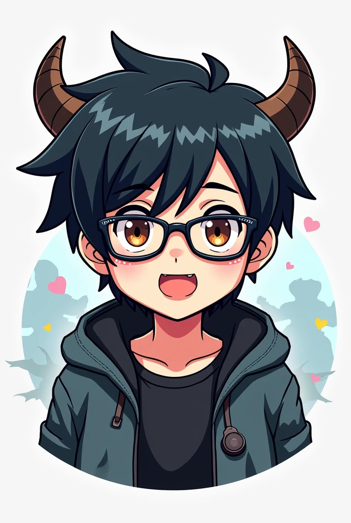Create a mascot logo where the mascot is a black-haired gamer boy , with glasses and a body similar to that of Inoske , without pole , straight hair with a classic haircut 
