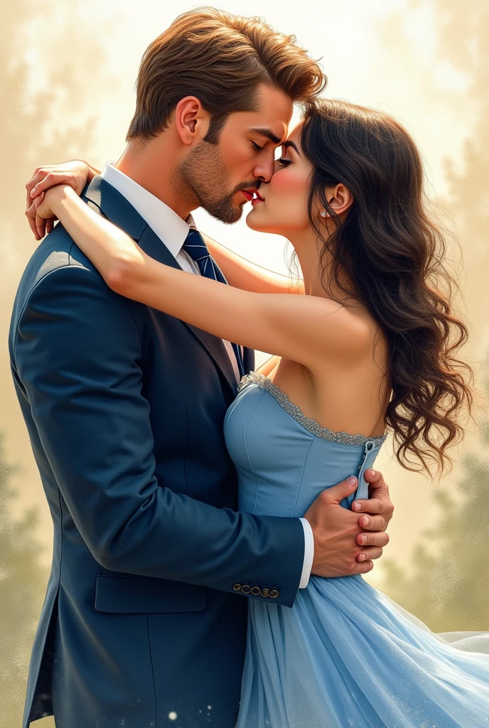 drawing of a handsome man forty years old, powerful blue look and light brown hair similar to the character Tyler Rake, wearing a suit and a tie, looking like a Governor, hugging a beautiful twenty-year-old girl similar to the character Blair Waldorf, youthful face, Naive look, with dark hair and dark brown eyes wearing a blue dress. couple in love. he is kissing her. beautiful watercolor image. her with dark eyes please