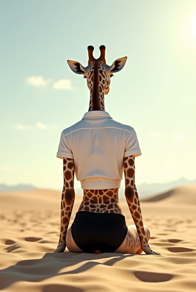 Female giraffe in white shirt and black shorts sits on sandy beach, on the sand, in the desert, covered with sand, on a sunny beach, toned ass, In the middle of the desert, standing in the desert, in the desert, in the desert, perfect shape, looking from behind, on the beach, Stunning
