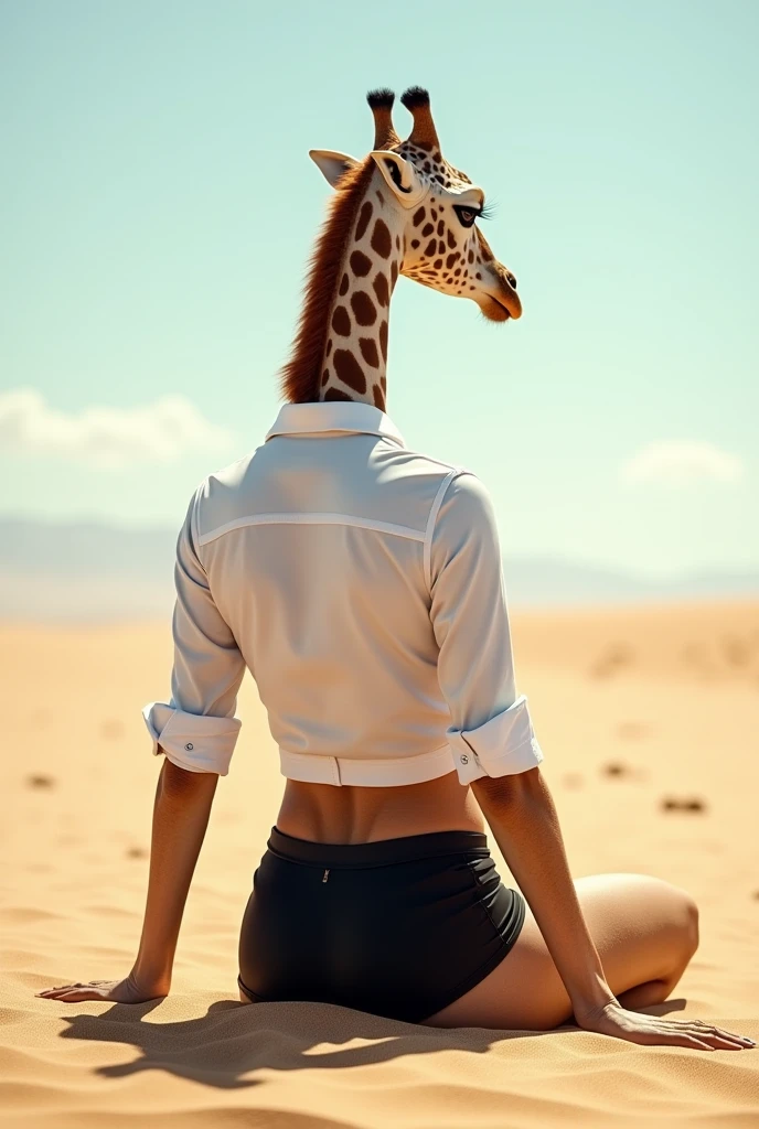 Female giraffe in white shirt and black shorts sits on sandy beach, on the sand, in the desert, covered with sand, on a sunny beach, toned ass, In the middle of the desert, standing in the desert, in the desert, in the desert, perfect shape, looking from behind, on the beach, Stunning