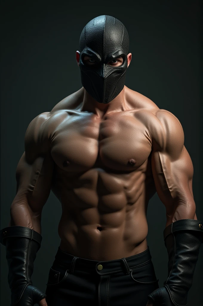 An incredibly muscular and totally naked man with a mask