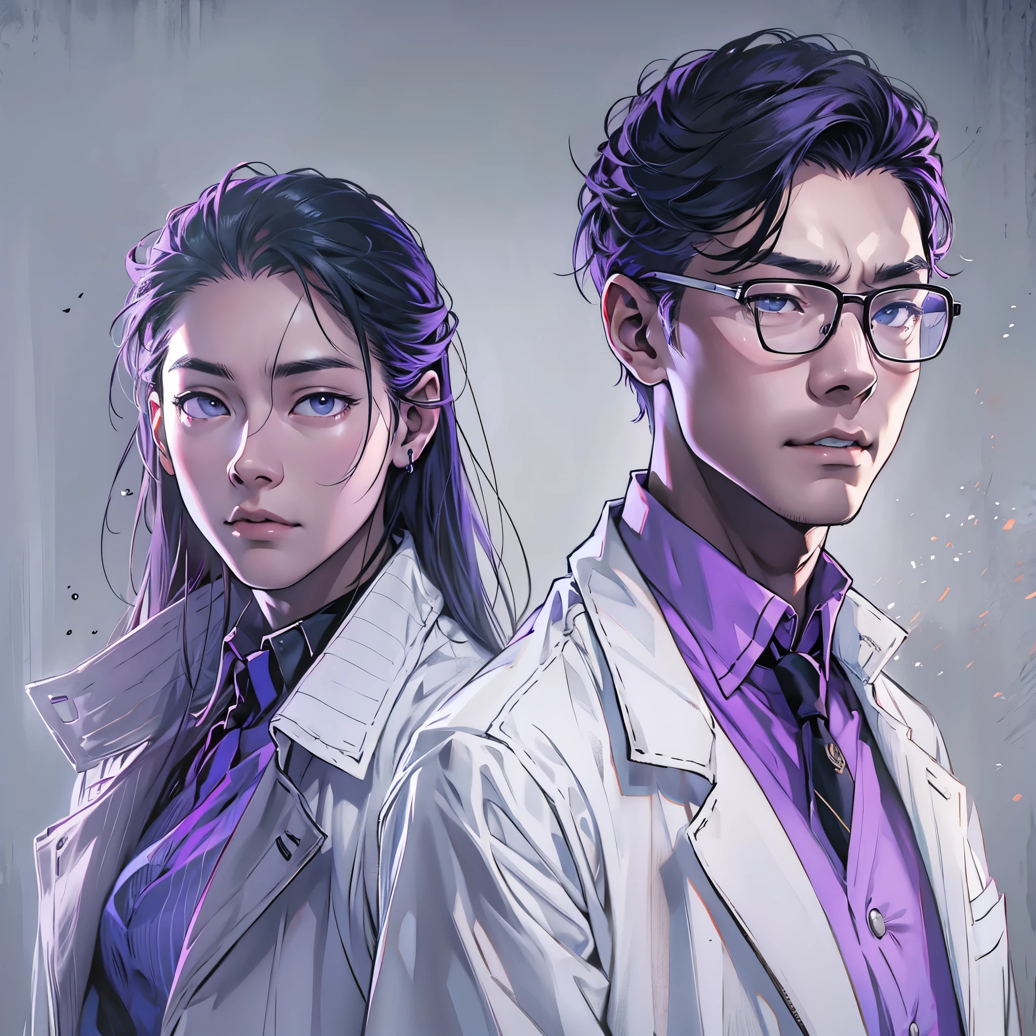 Imagine a MBTI logician、A man and woman wearing white coats and purple shirts glaring coolly at the camera with serious faces。Create a mysterious atmosphere。