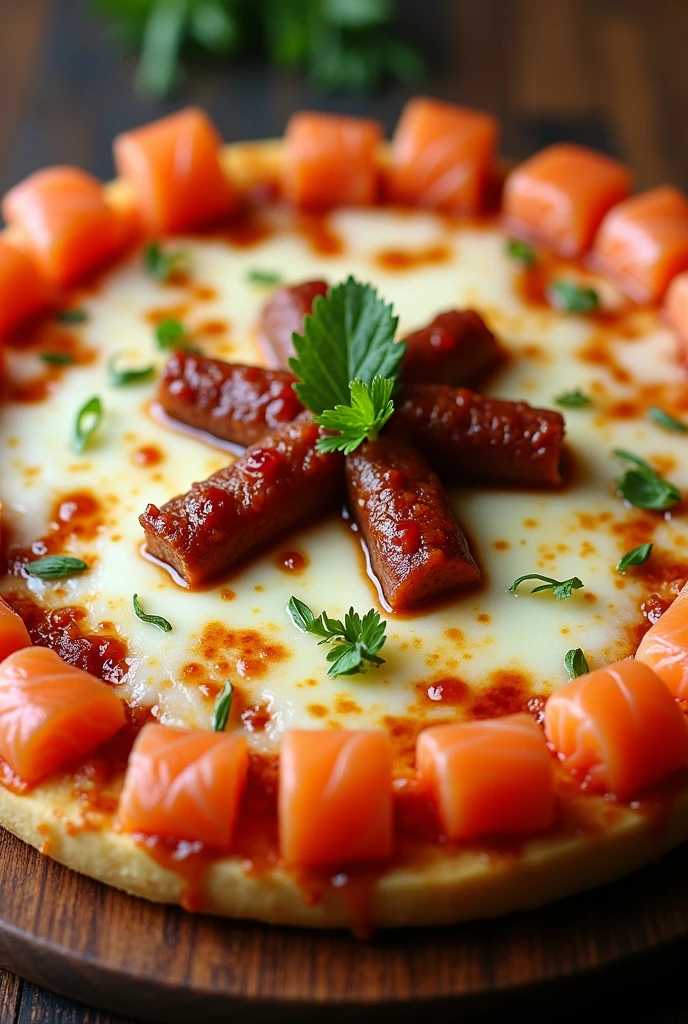 A pizza with lots of mozzarella, edge made of salmon sushi and in the center of the pizza barbecue meat