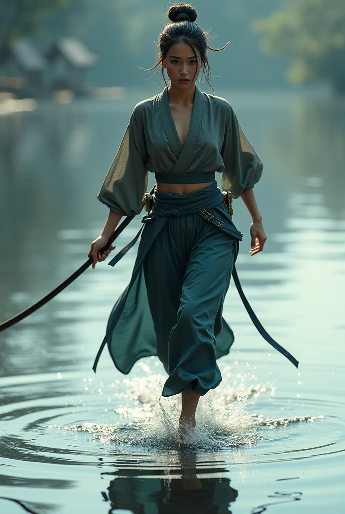 Highest quality, Realistic, Very detailed, finely, High resolution, 8k、Beautiful Japanese female ninja、Running on the surface of the water