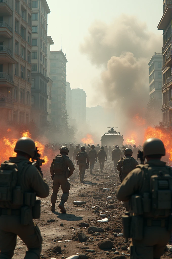A battle scene of US Army successfully feeding a Chinese in vision force, trying to invade the US