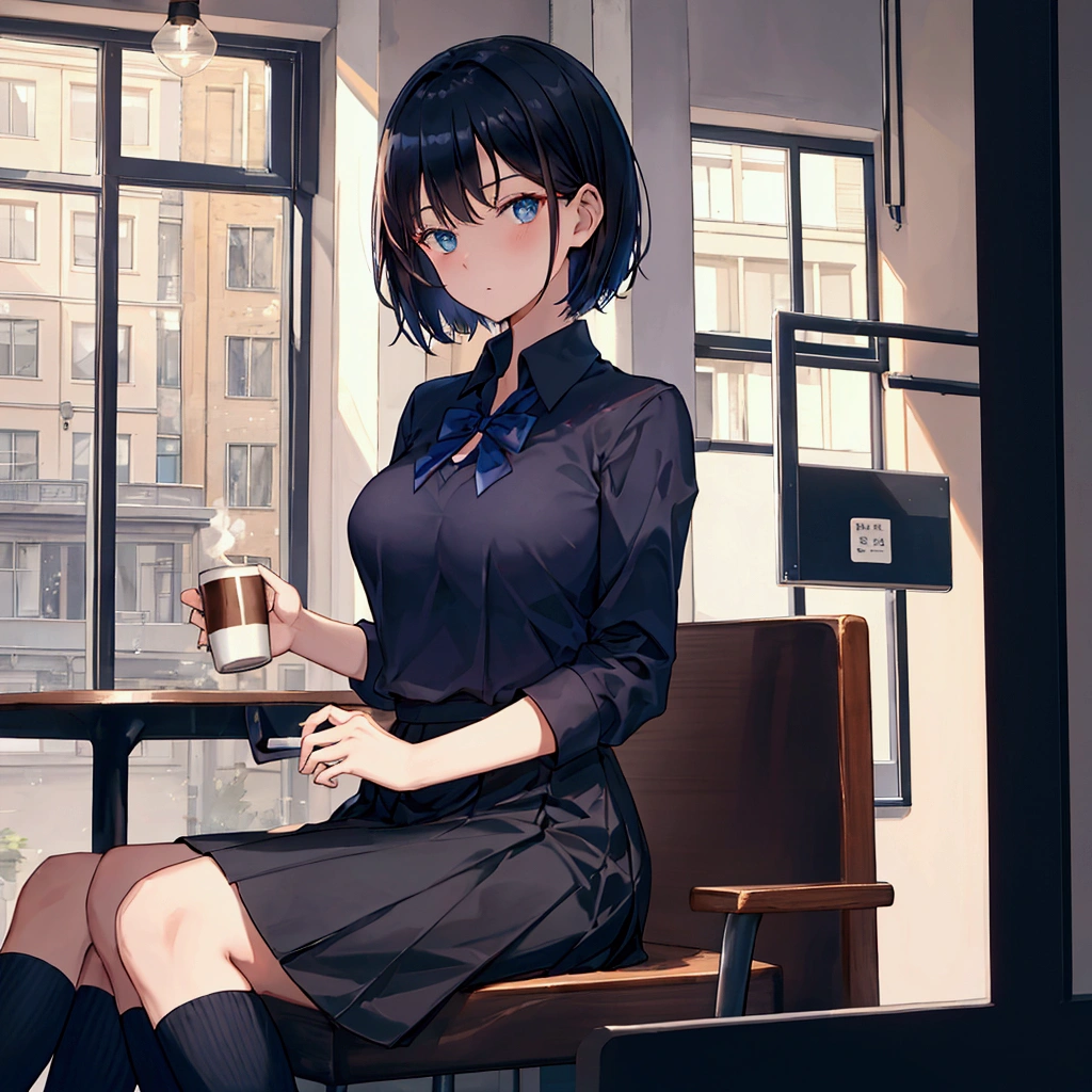 Coffee shop background, school uniform, dark blue uniform, 1woman, solo, dark hair, short hair, shining hair, medium-large breast, sitting behind table, facing viewer, arrogant,